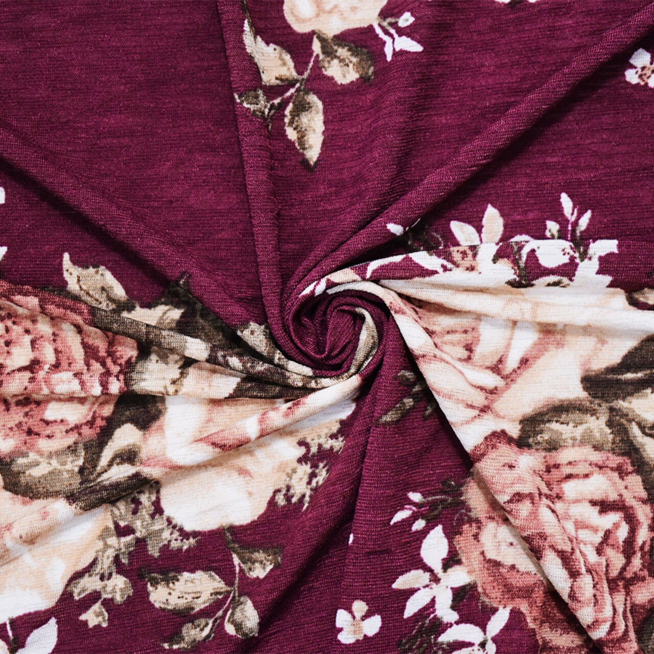 Deep Burgundy-Multi Poly Floral Printed Onion Skin Jersey Knit Fabric By the Yard